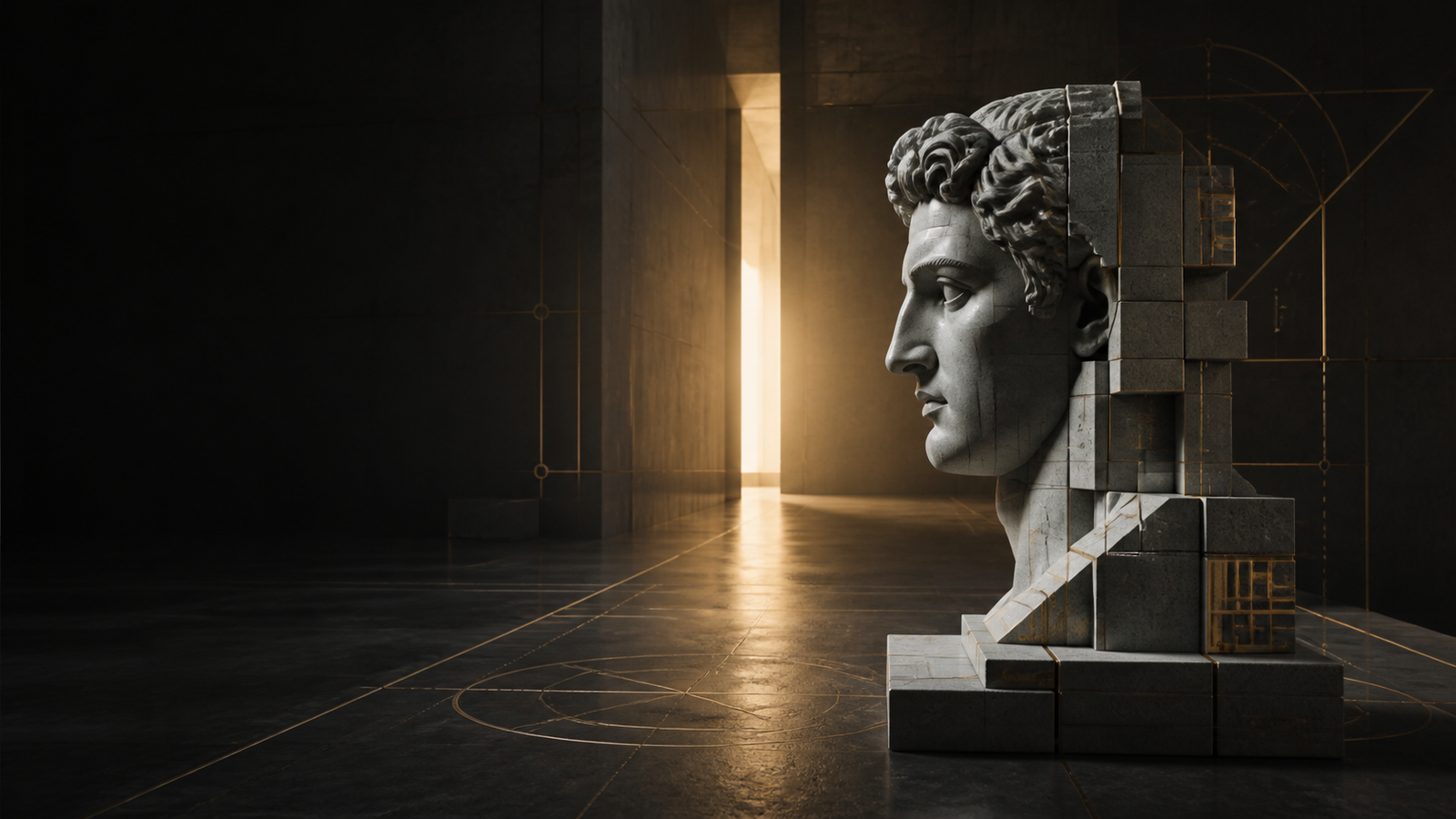 Escultura estoica formada por módulos geométricos diante de uma passagem iluminada